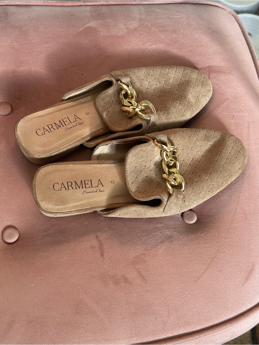 Carmela Tan Quilted Slip-On Mules with Gold Chain
